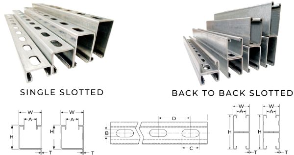 Single slotted and back to back slotted strut channels with dimensional drawings and hole spacing details