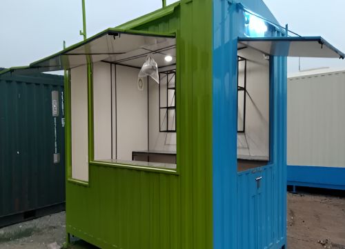 Portable retail outlet container cabin with serving window and canopy for shop or kiosk use
