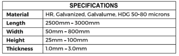 Cable tray specifications table with material and size details