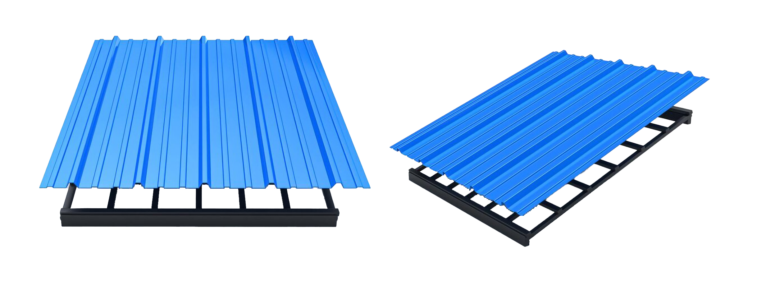 Blue PVC roofing metal sheet isolated on structure 3D rendering